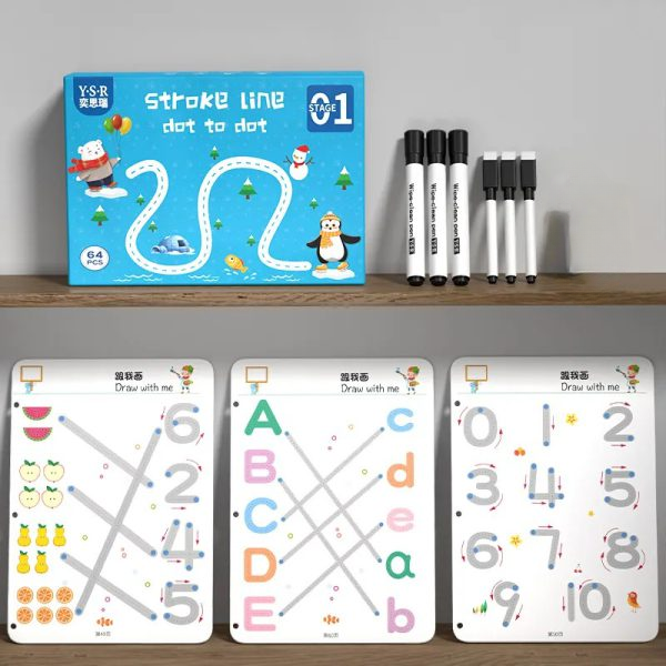 A4 Kids Educational Learning Tracing Book | 64 Pages Dot-to-Dot Activity Workbook with 2 Markers