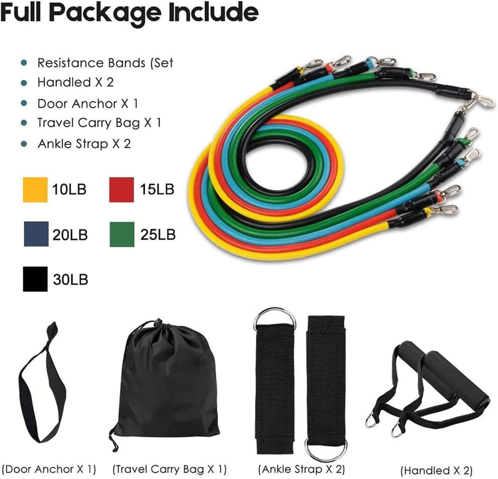 Premium Resistance Band Set For Home Workouts - 11 Piece Elastic Fitness Exercise