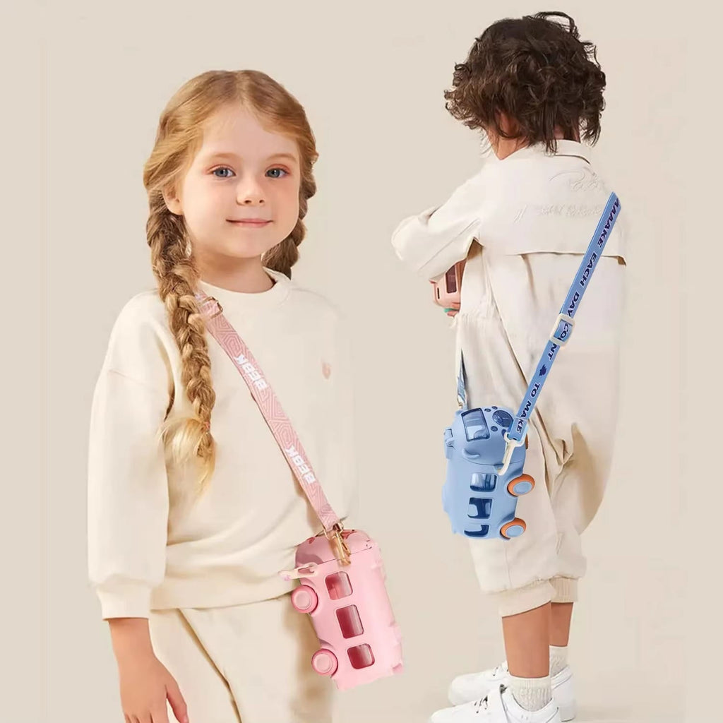 School Bus Design Kids Water Bottle With Strap